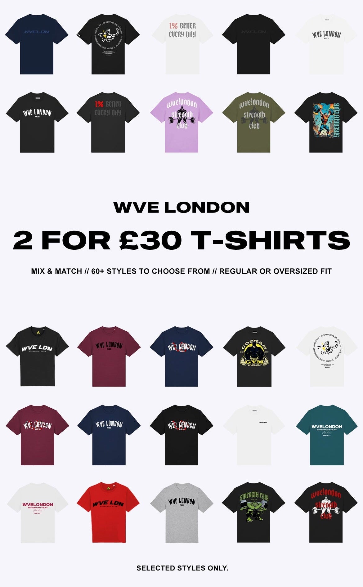 WWE London t-shirts displayed in a grid with promotional text.
