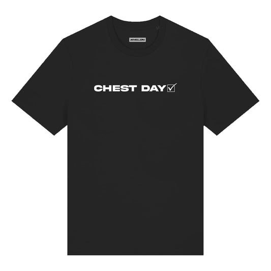 Black t-shirt with 'CHEST DAY' text on a white background